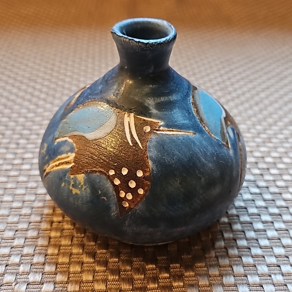 Vintage Hungary Stoneware Vase Three Birds Handmade Small